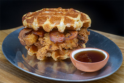 Chicken and Waffles Sandwich prepared at our chicken restaurant near Barrington.