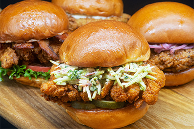 Four Fried Chicken Sandwiches prepared at our Maple Shade chicken restaurant.